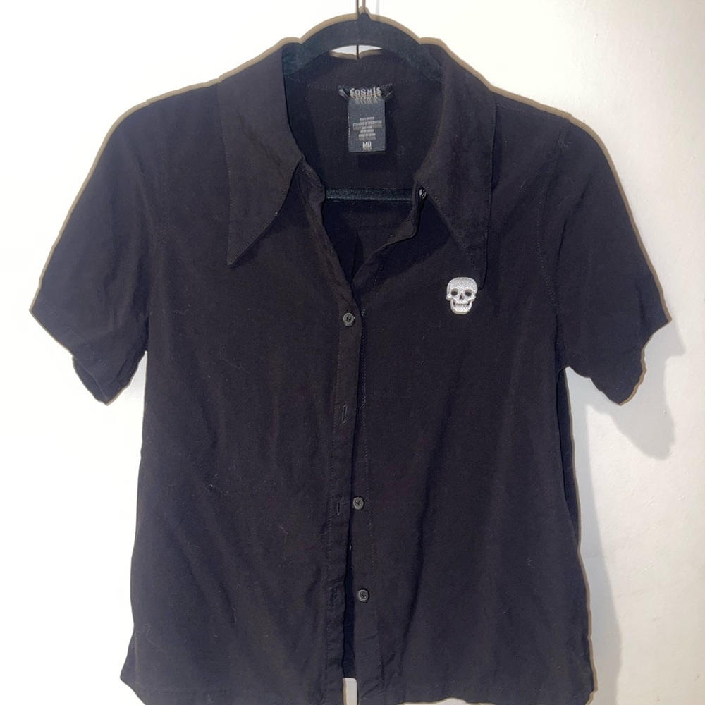 Women's Black Button Down Shirt with Skull Embroidery